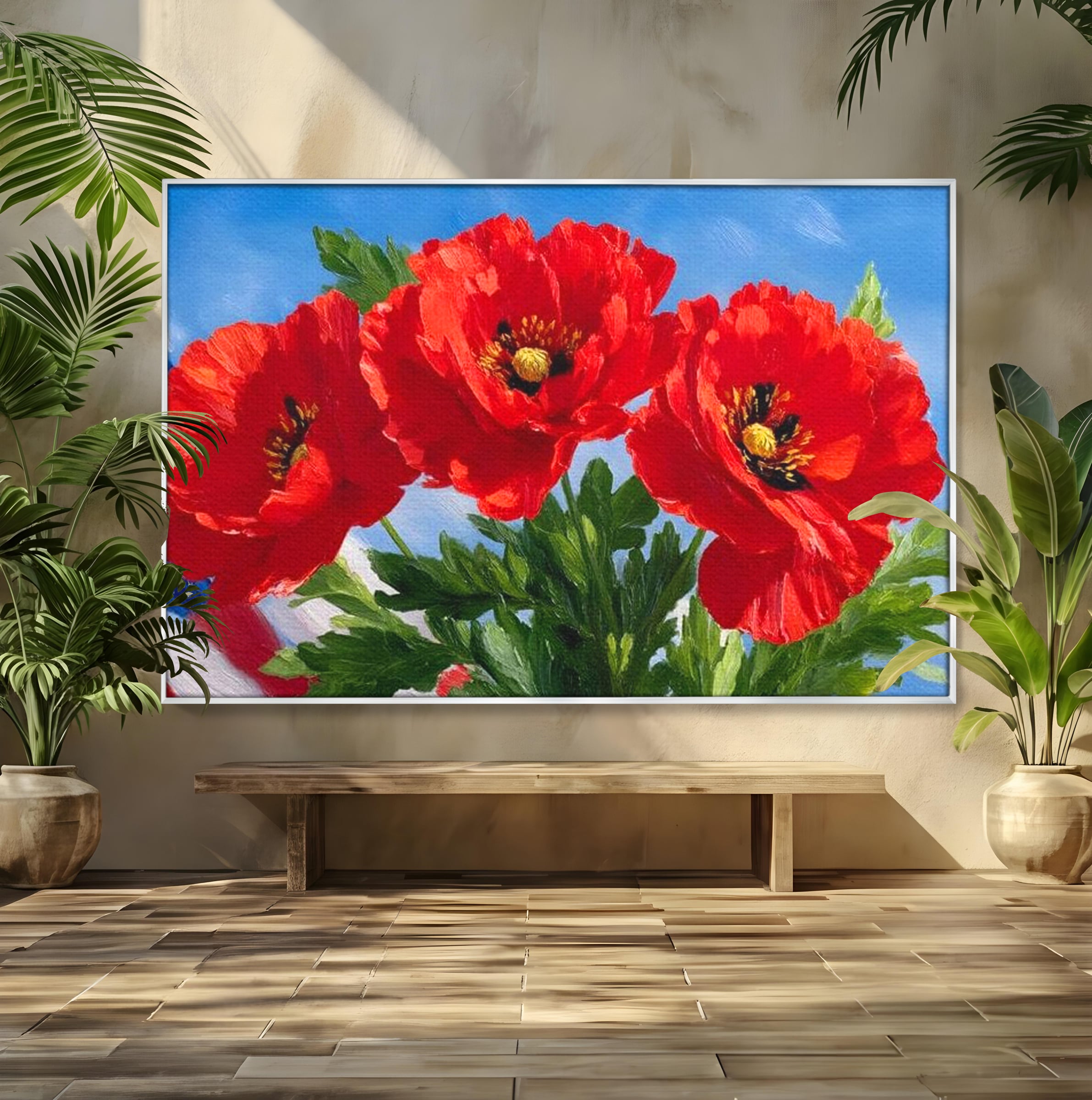 Tablou canvas cu tablou pictura cu trei maci, in rama de aluminiu argintiu